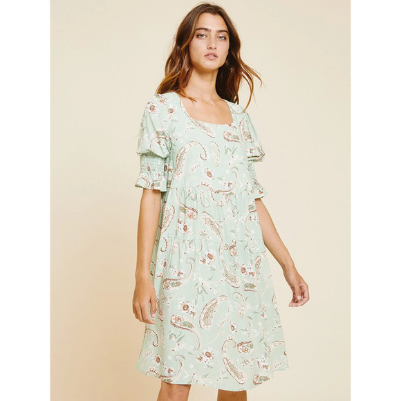 Sage Green Paisley Print Puff Sleeve Dress M - Picture 1 of 4